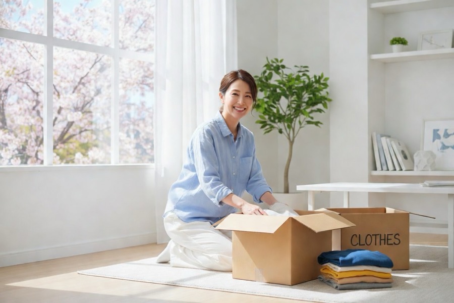 春の明るい部屋で片付けをする様子