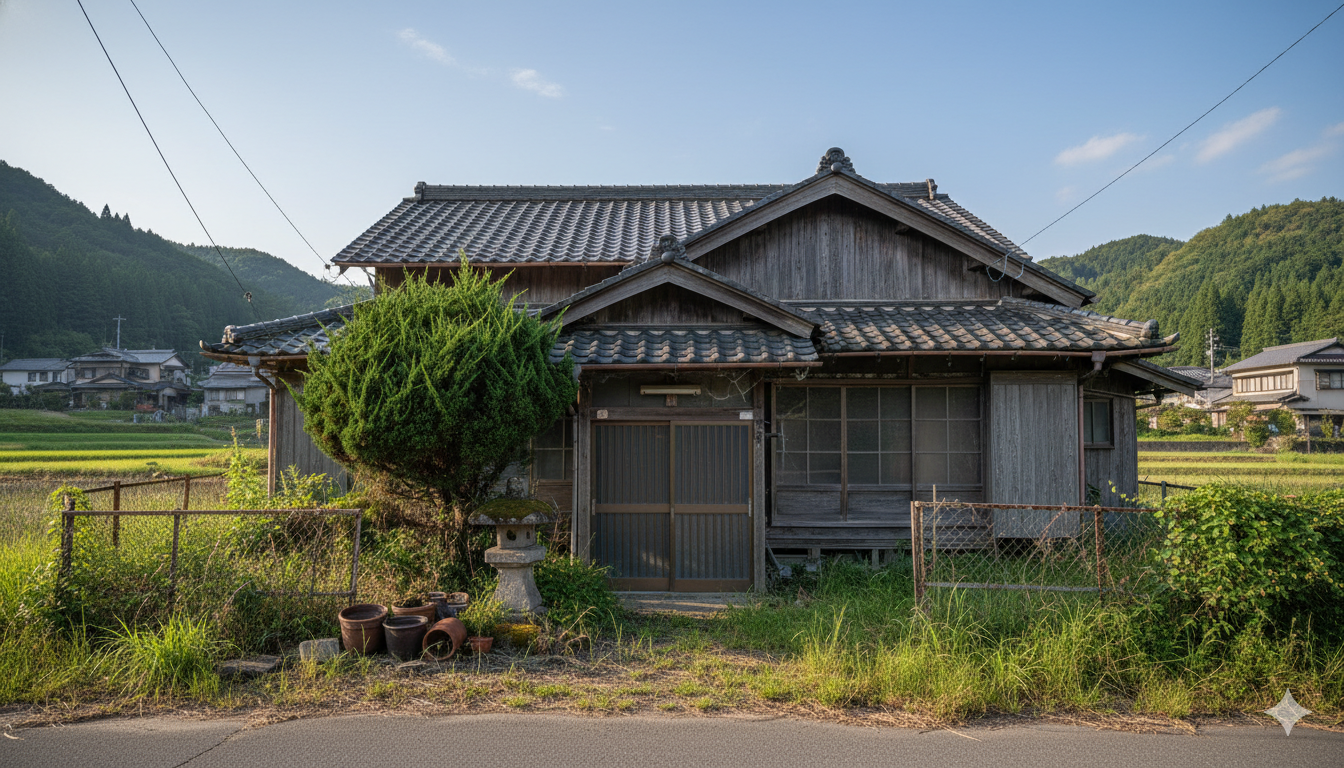 空き家の外観と庭の風景