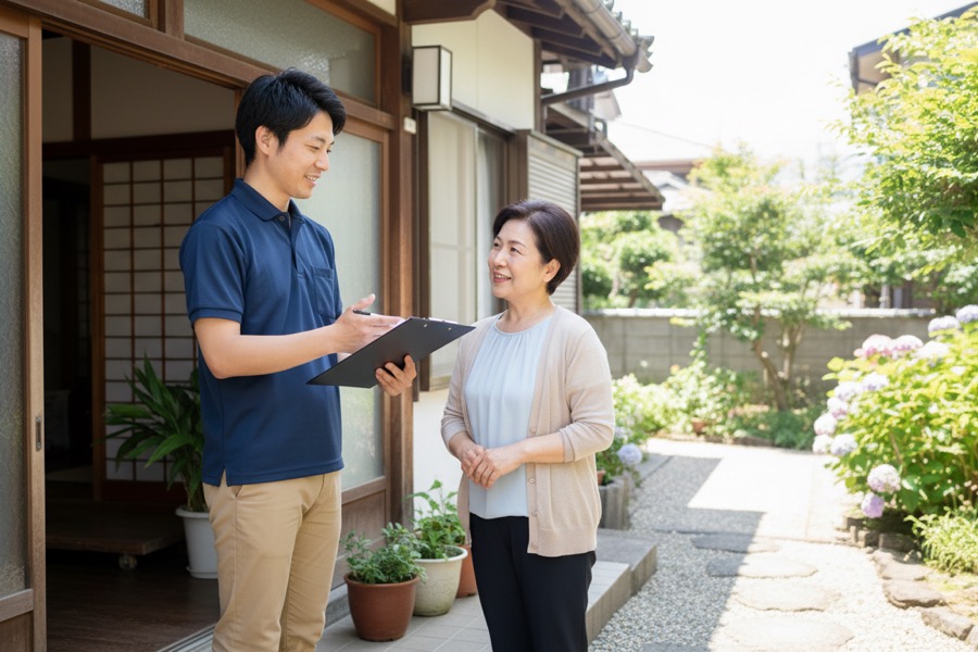 日本人男性スタッフが見積書を持って説明している様子