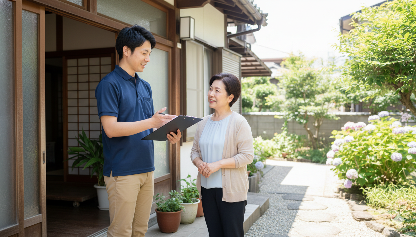 日本人男性スタッフが見積書を持って説明している様子