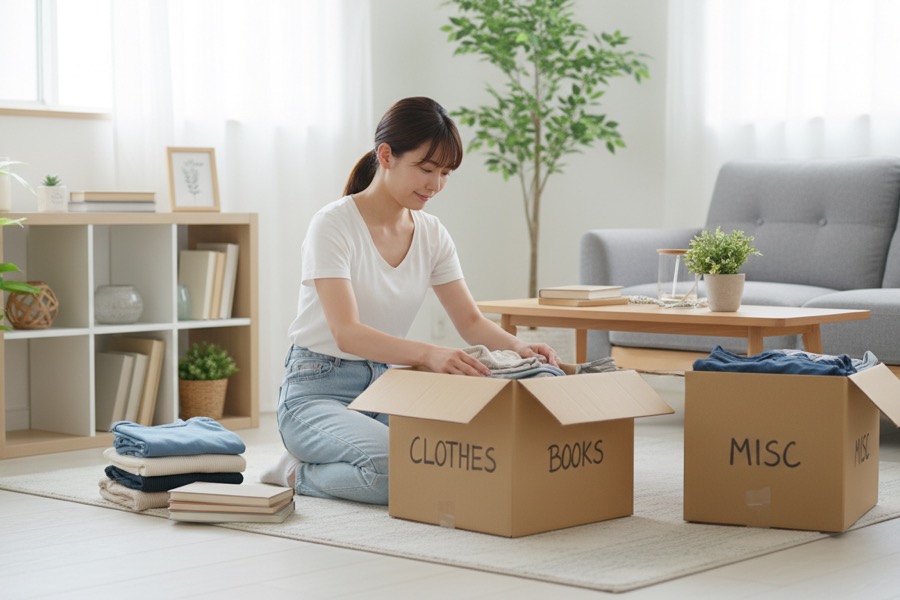 日本人女性が段ボール箱に荷物を仕分けしている様子