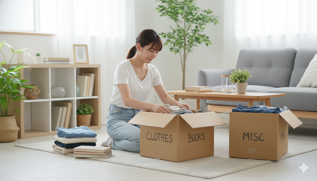 日本人女性が段ボール箱に荷物を仕分けしている様子