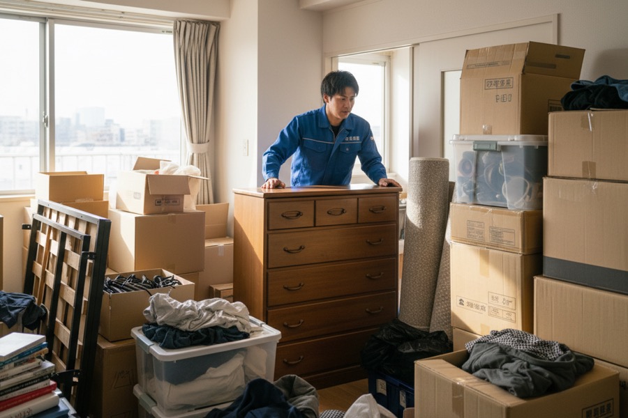 散らかった部屋の中で整理作業を行う様子