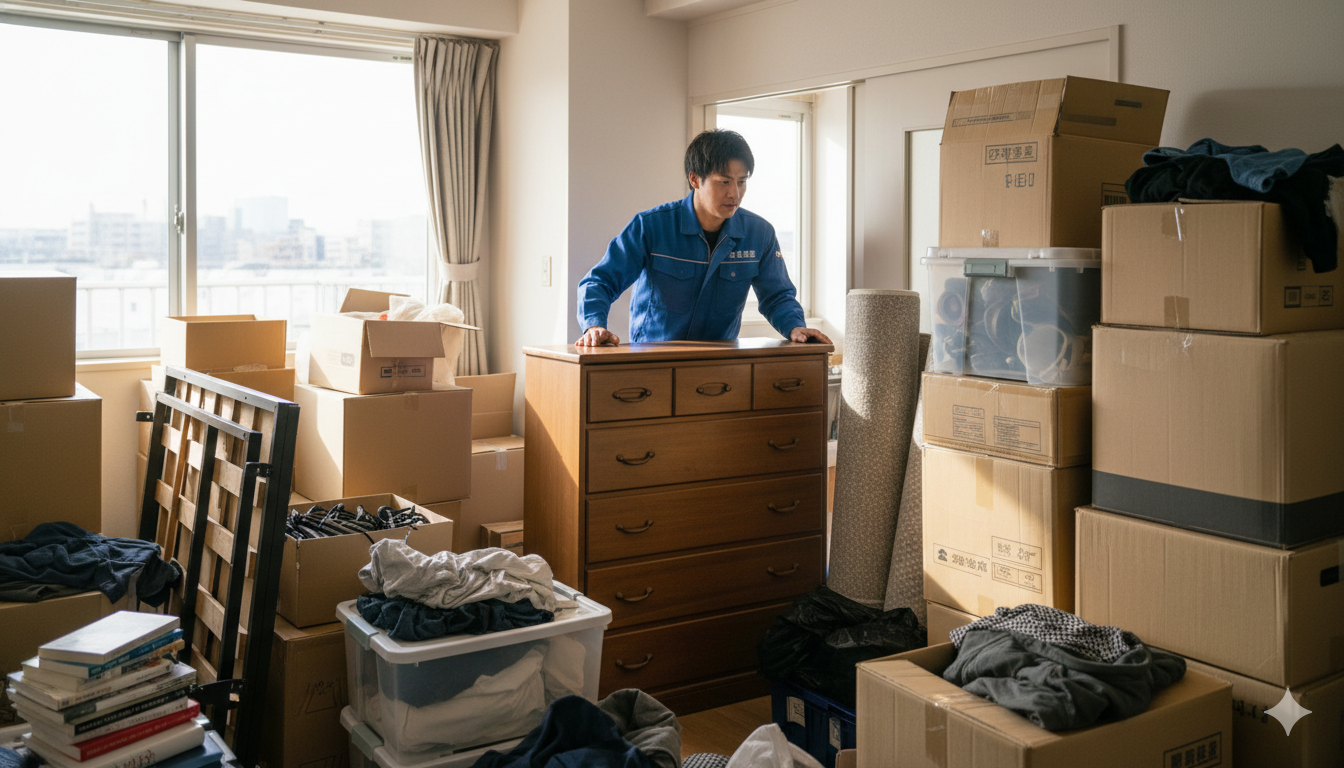 散らかった部屋の中で整理作業を行う様子