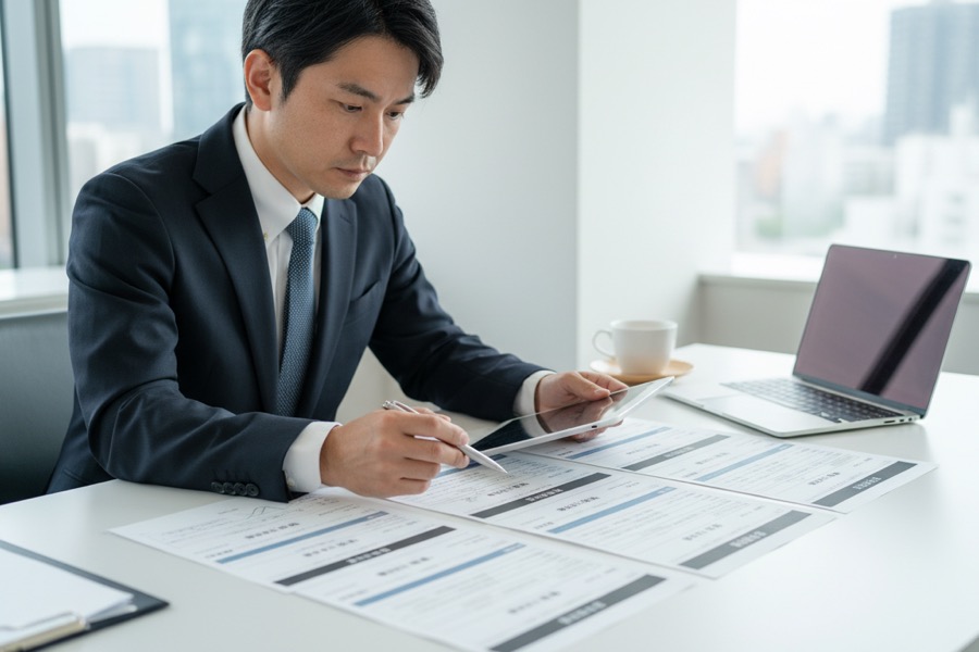 見積もり書類を確認しながら業者を比較検討する様子