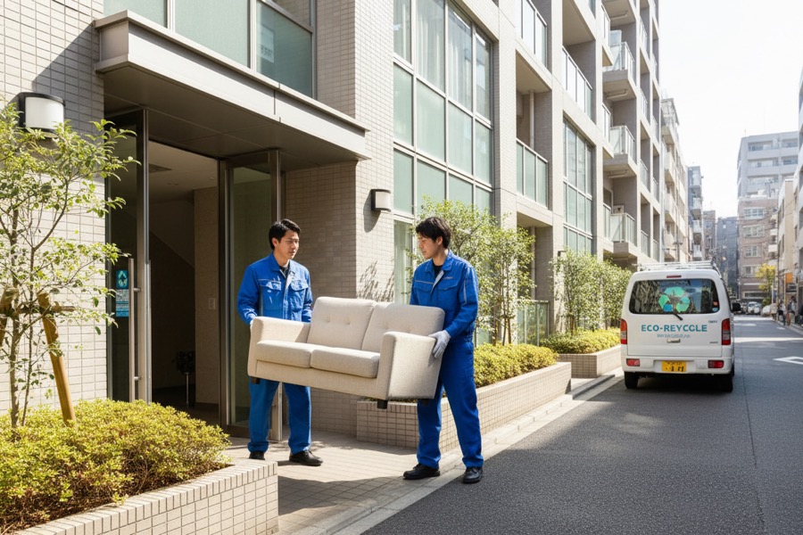 不用品回収業者のスタッフが家具を搬出している様子