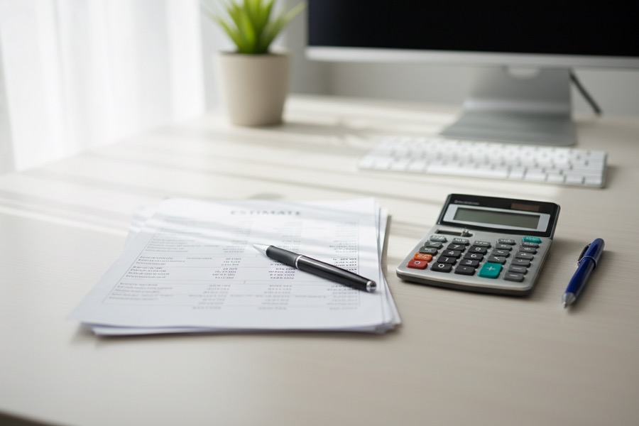 不用品回収の費用見積もり書類と電卓のイメージ