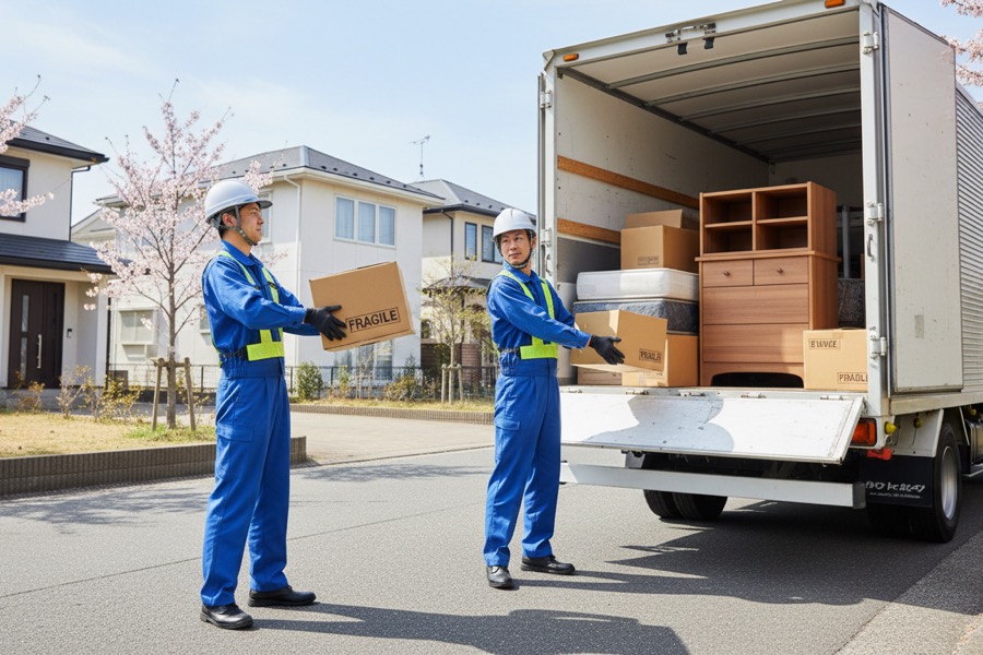 不用品回収業者がトラックに荷物を積み込む様子