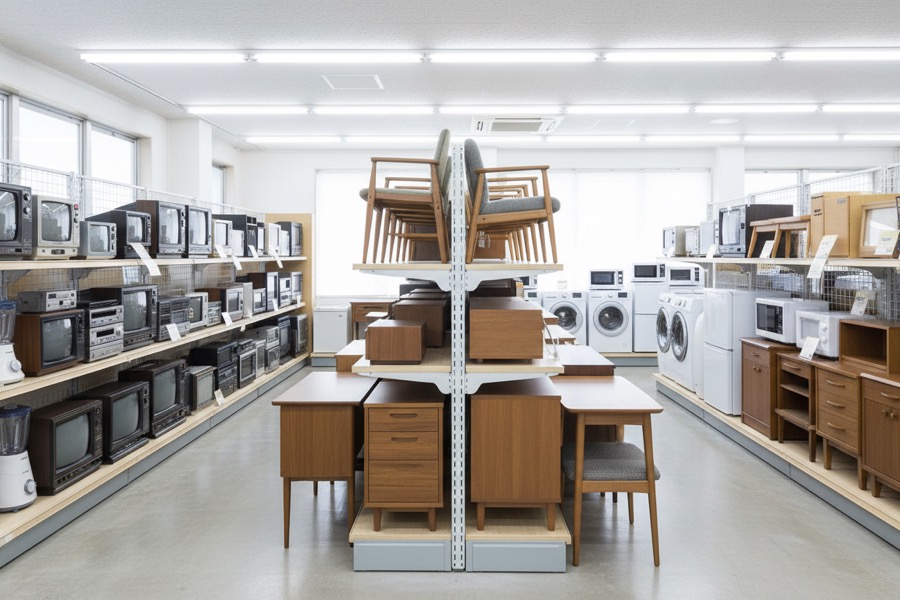 不用品をリサイクルショップや自治体回収で処分するイメージ