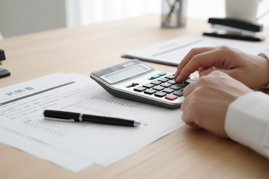 見積書と電卓を使って費用を計算するイメージ