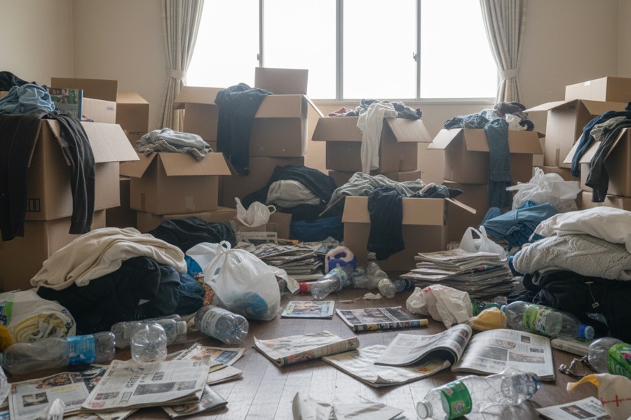 ゴミが大量に積み上がった部屋の様子