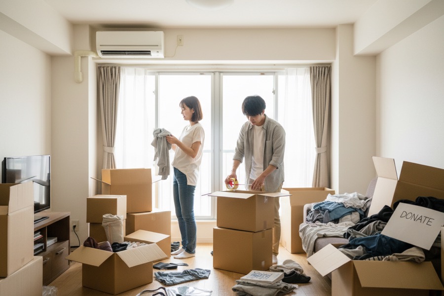 引っ越し前に段ボールに囲まれた部屋で不用品を整理する様子