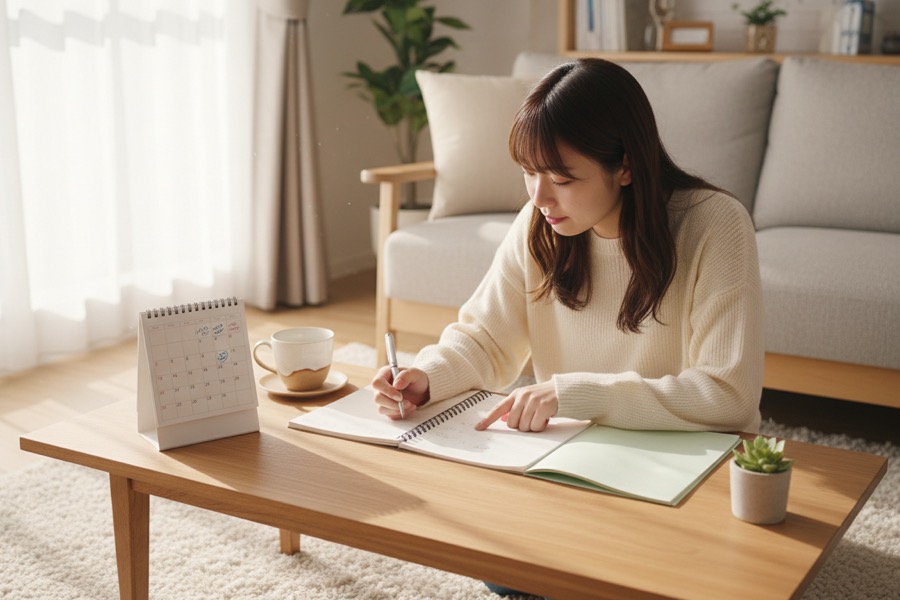 カレンダーを見ながら引っ越しの計画を立てる日本人女性