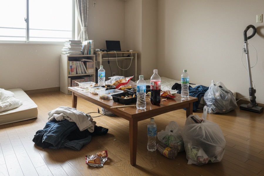 散らかった部屋にものが積み重なっている様子