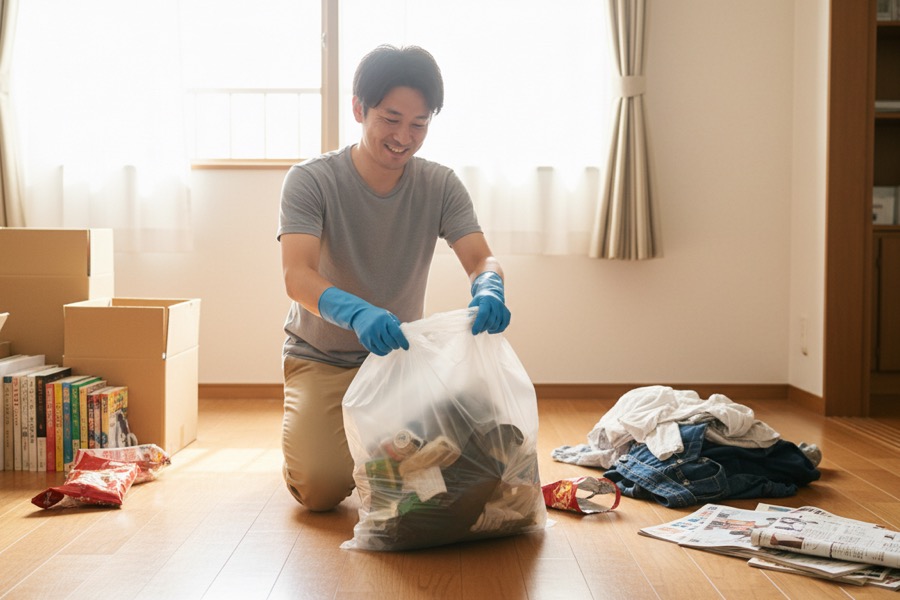 掃除道具を手に部屋の片付けをする日本人男性