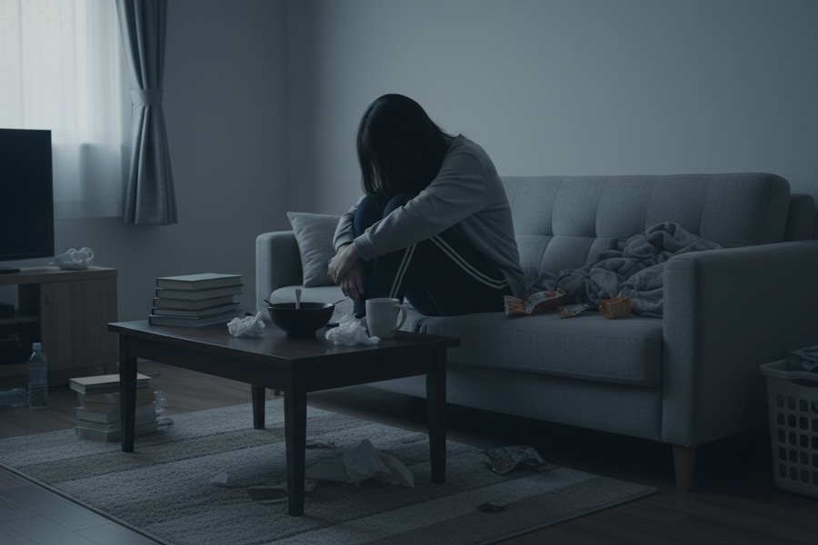 暗い部屋でソファに座り込む日本人女性