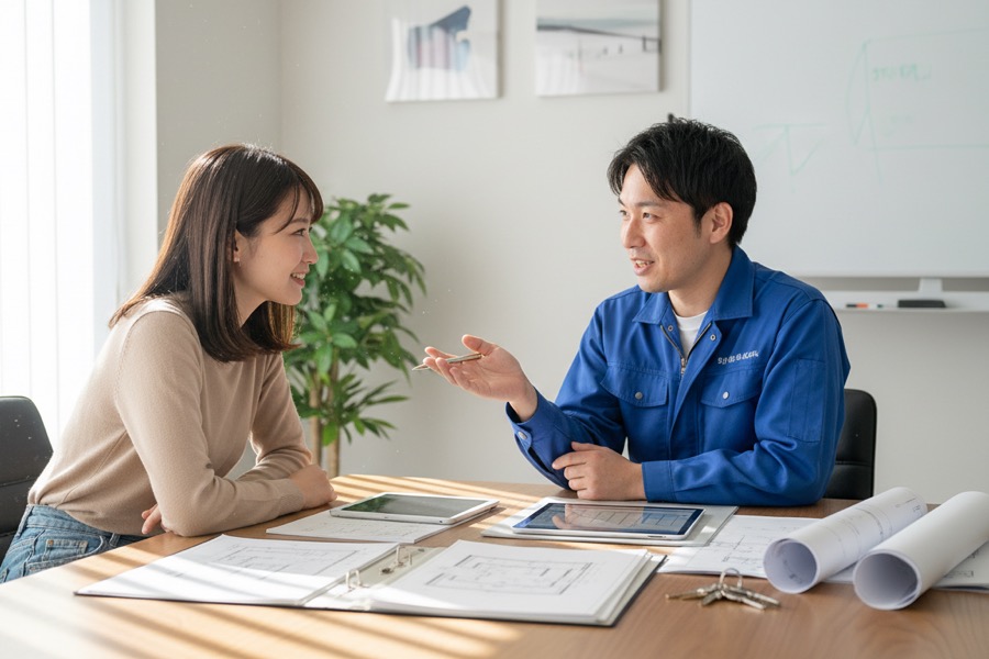 遺品整理業者との打ち合わせで確認事項をチェックする様子