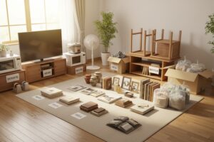 遺品整理で仕分けた不用品を買取に出すイメージ