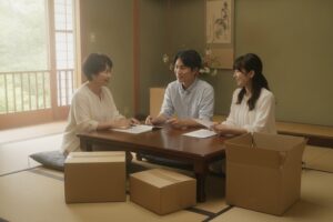 お盆に家族で遺品整理の予定を話し合うイメージ
