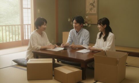 お盆に家族で遺品整理の予定を話し合うイメージ