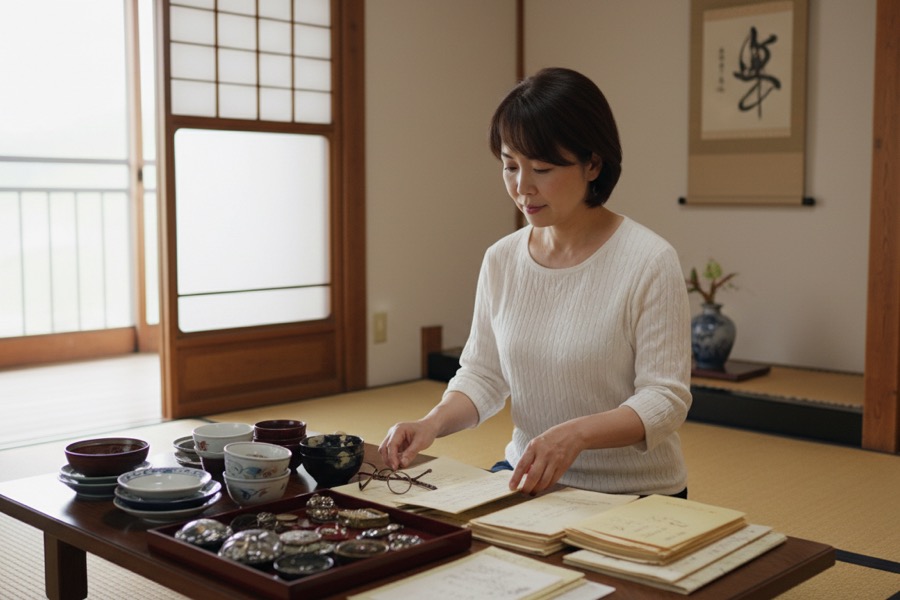 遺品整理で仕分けられた不用品が並んでいる様子