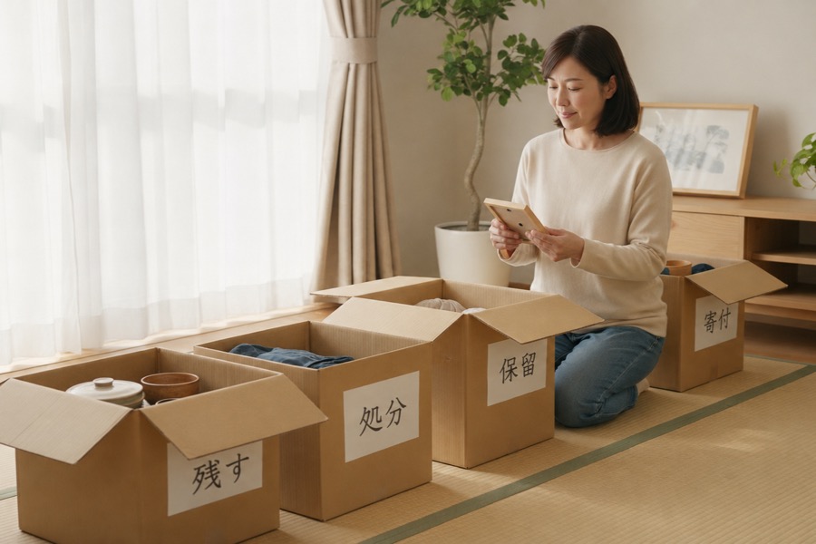 遺品を段ボールに仕分けしている様子