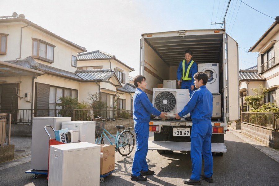 不用品回収業者のスタッフが家電を搬出しているイメージ