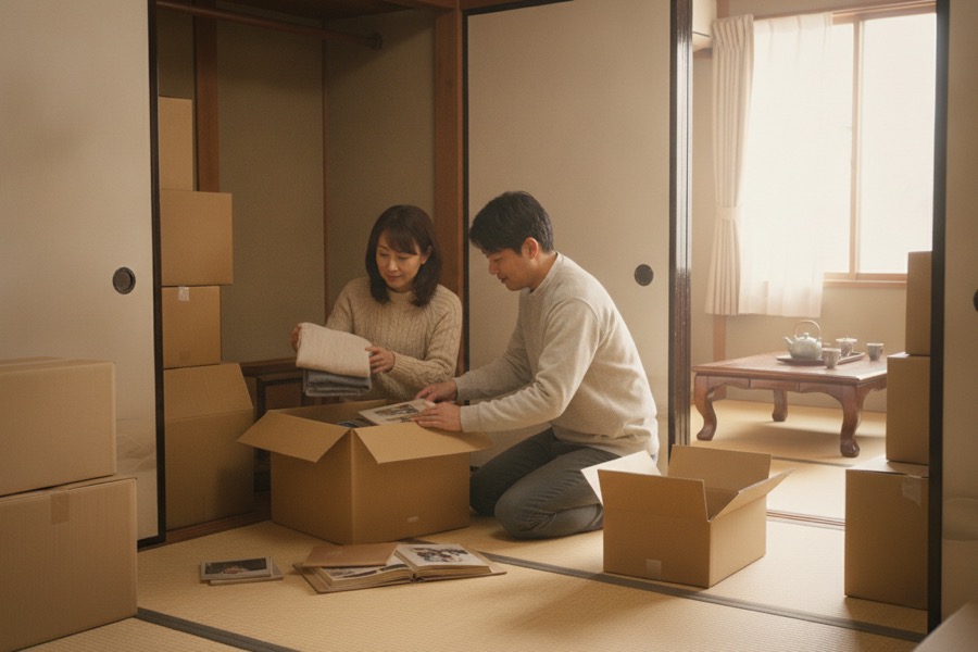 年末年始に実家で遺品を整理する家族