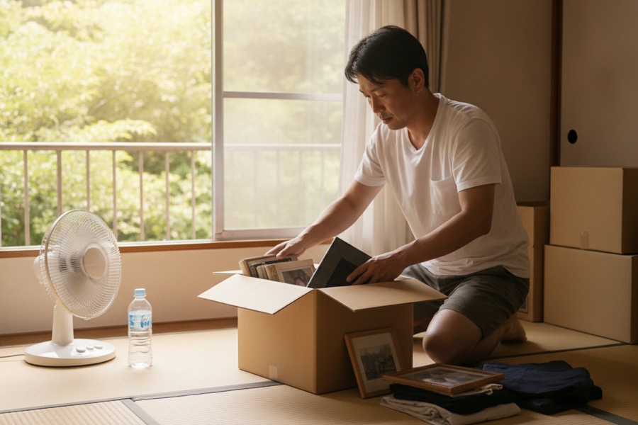 夏のお盆シーズンに遺品整理を行う家族