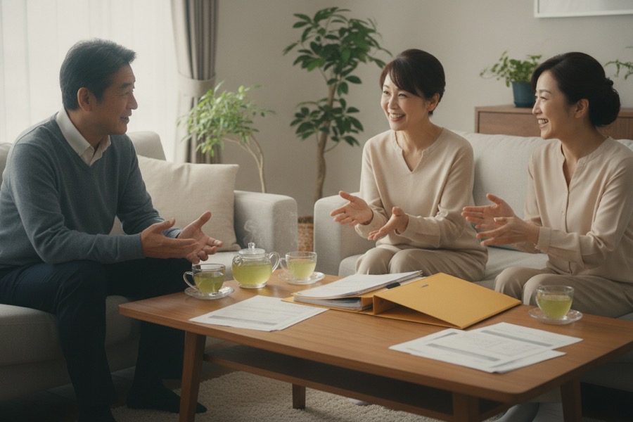 お盆に親族が集まって遺品整理の相談をするイメージ