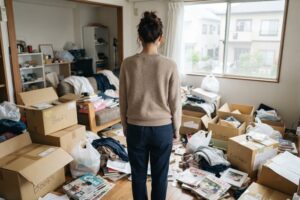 ゴミ屋敷を前に途方に暮れる女性のイメージ