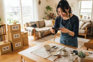遺品の食器や小物をスマートフォンで撮影する女性のイメージ
