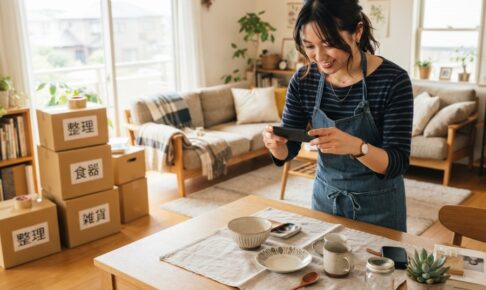 遺品の食器や小物をスマートフォンで撮影する女性のイメージ