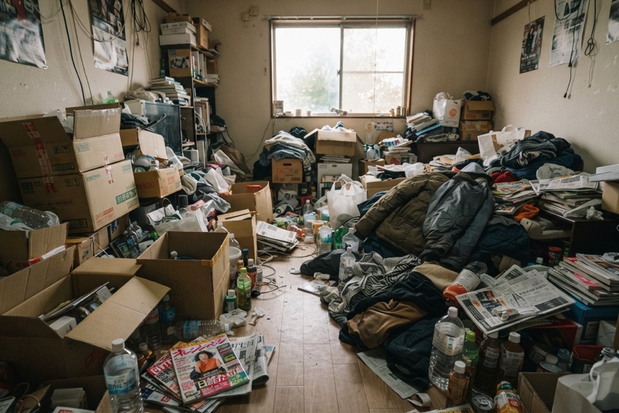 ゴミが大量に散乱した部屋の様子