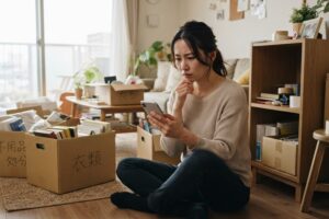 ジモティーの自宅引き取りに不安を感じる女性のイメージ