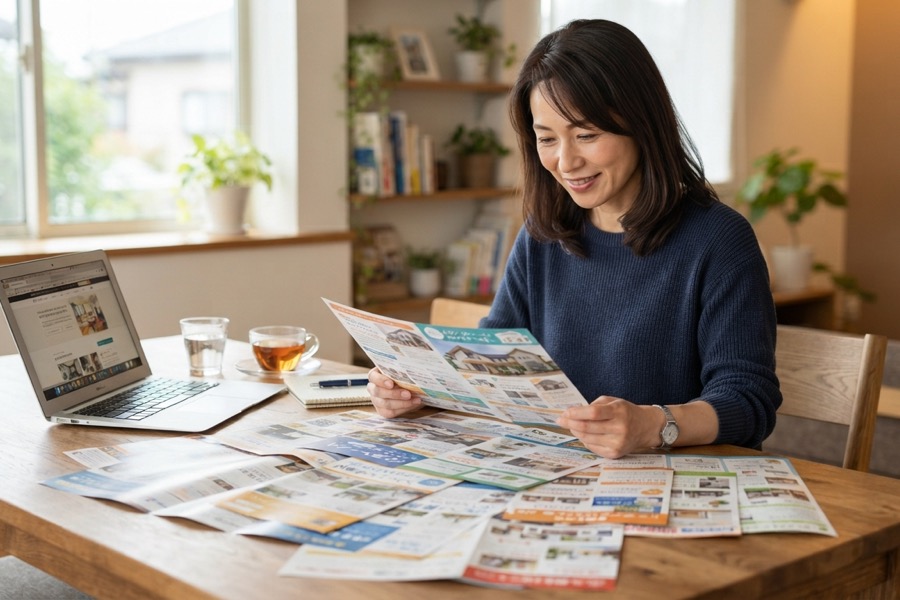 遺品整理業者のパンフレットを比較検討している様子