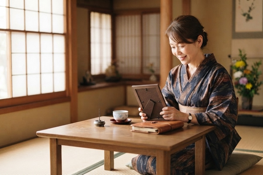 遺品を手に取り故人を偲んでいる日本人女性