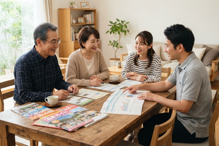 親の家の片付けについて家族で相談している様子