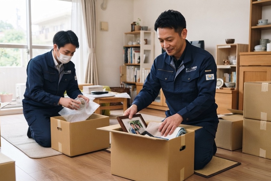遺品整理のスタッフが丁寧に遺品を仕分けしている様子