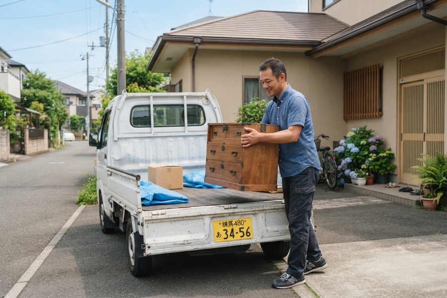 自宅の玄関先で家具を引き渡すイメージ