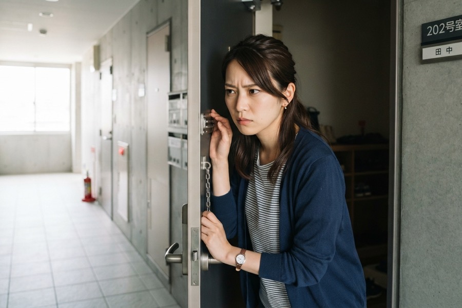一人暮らしの女性が玄関先で応対するイメージ
