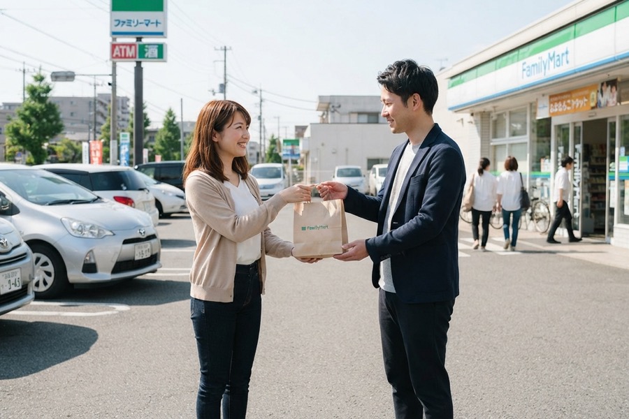コンビニの駐車場で品物を受け渡すイメージ