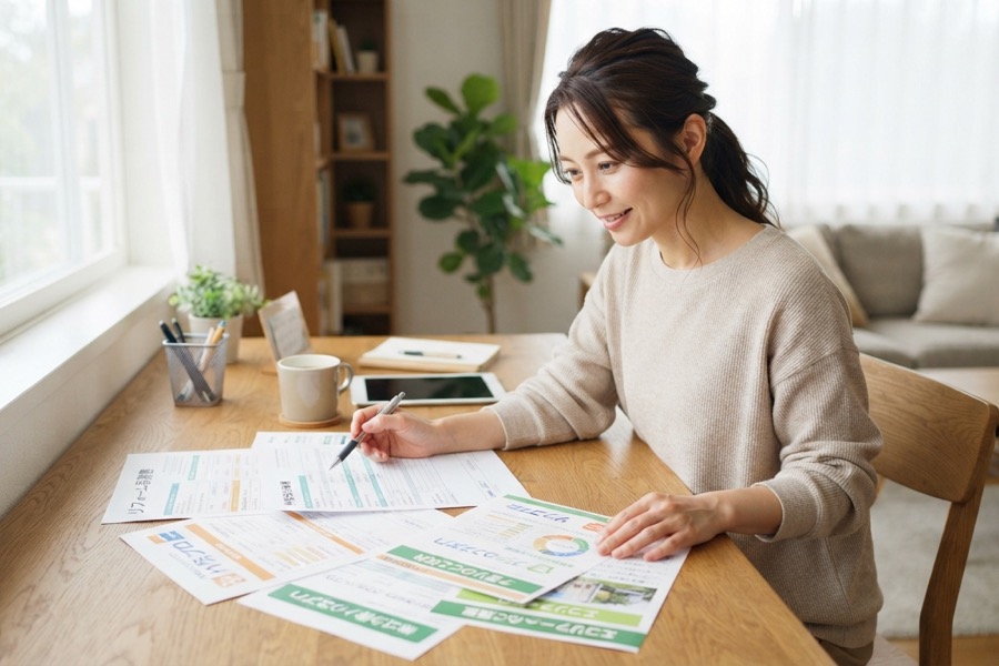 家財整理業者の見積書を比較検討する日本人女性
