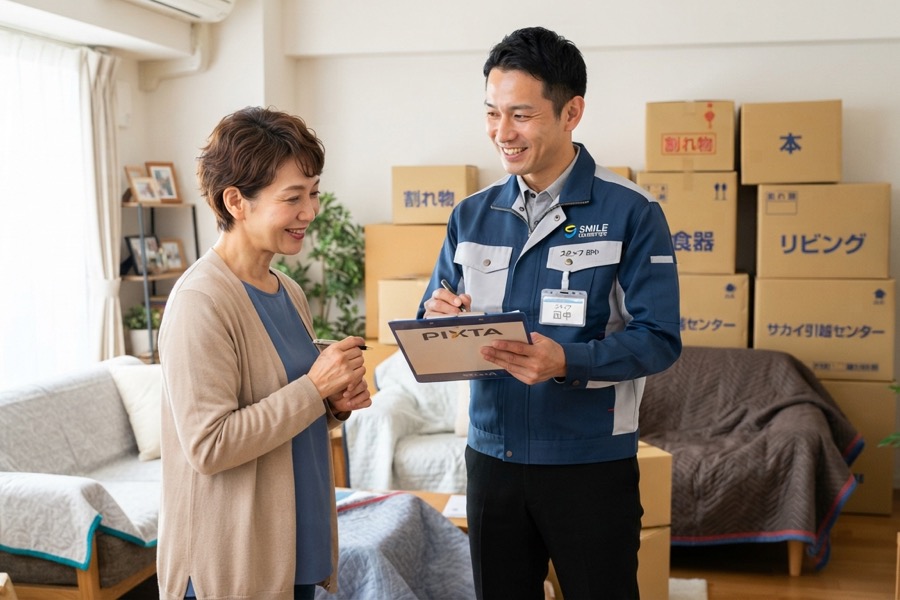 家財整理業者のスタッフが依頼者に説明する場面