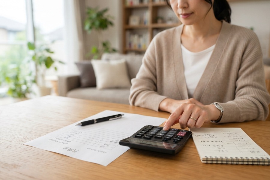 家財整理の費用を計算するために電卓を操作する日本人女性の手元
