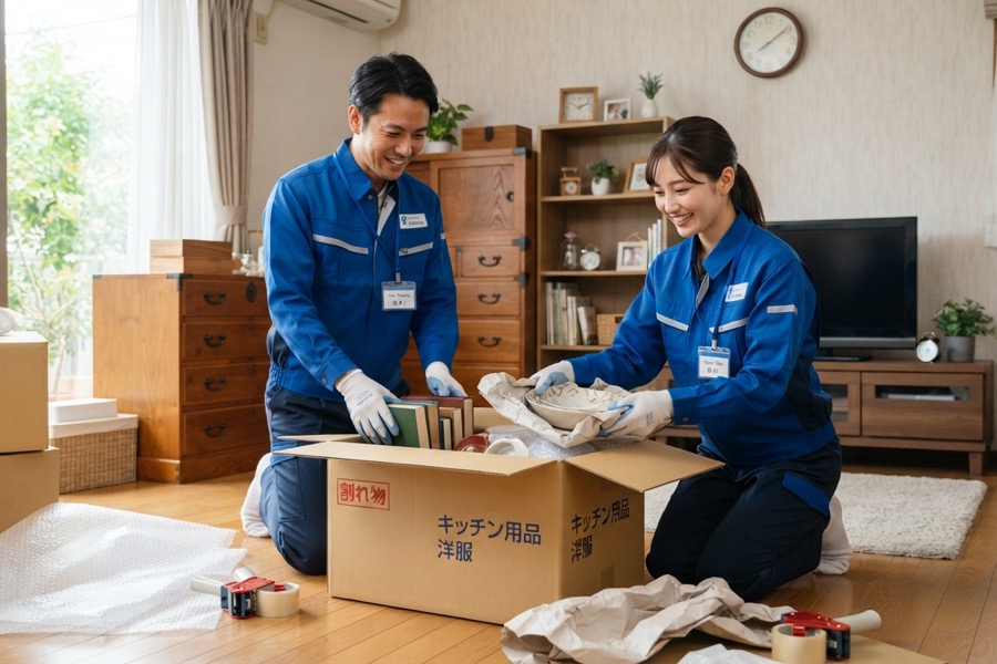 家財整理の作業で段ボールに荷物を詰める日本人スタッフ