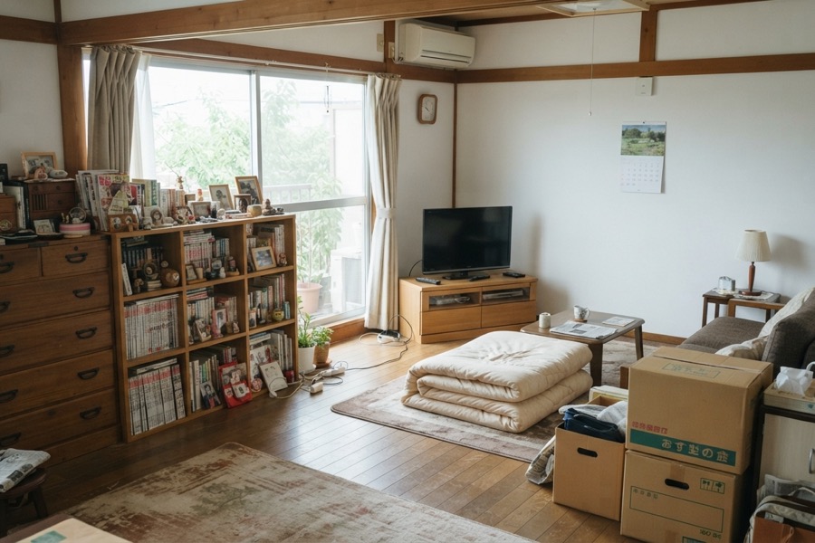 家財整理の対象となる家具や家電が並ぶ日本の住宅リビング