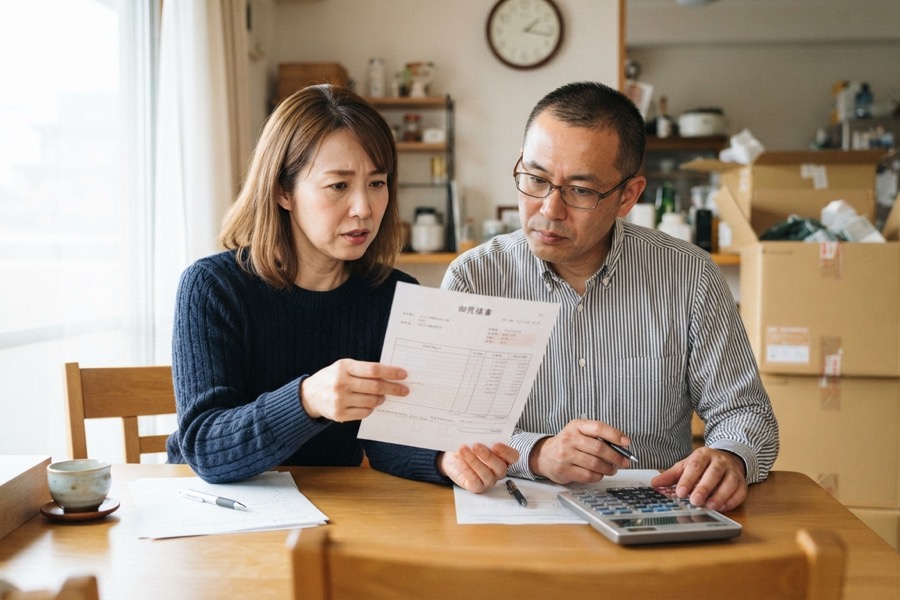 不用品回収の見積額が妥当か確認する夫婦のイメージ