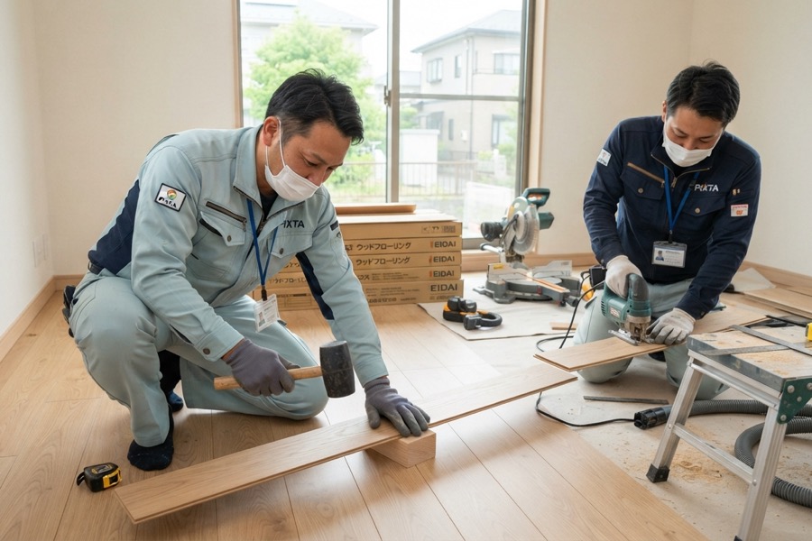 原状回復工事で床材を張り替えている様子