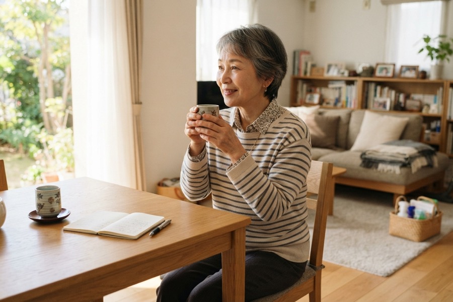 日本の住宅の明るいリビングでお茶を飲みながら休憩している日本人シニア女性